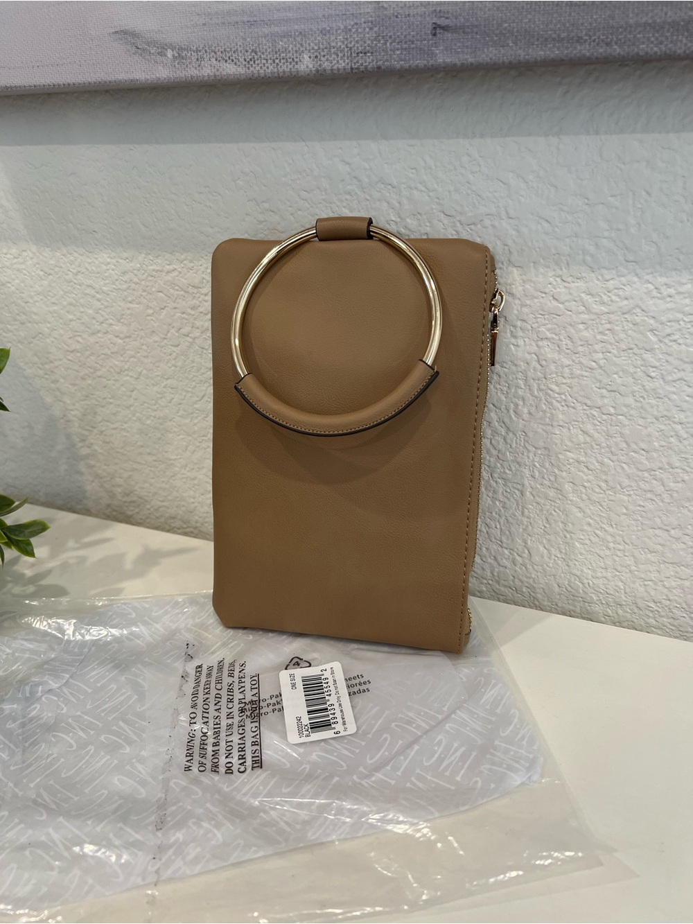 Tan Wristlet Clutch with Gold Ring Handle and Crossbody Strap